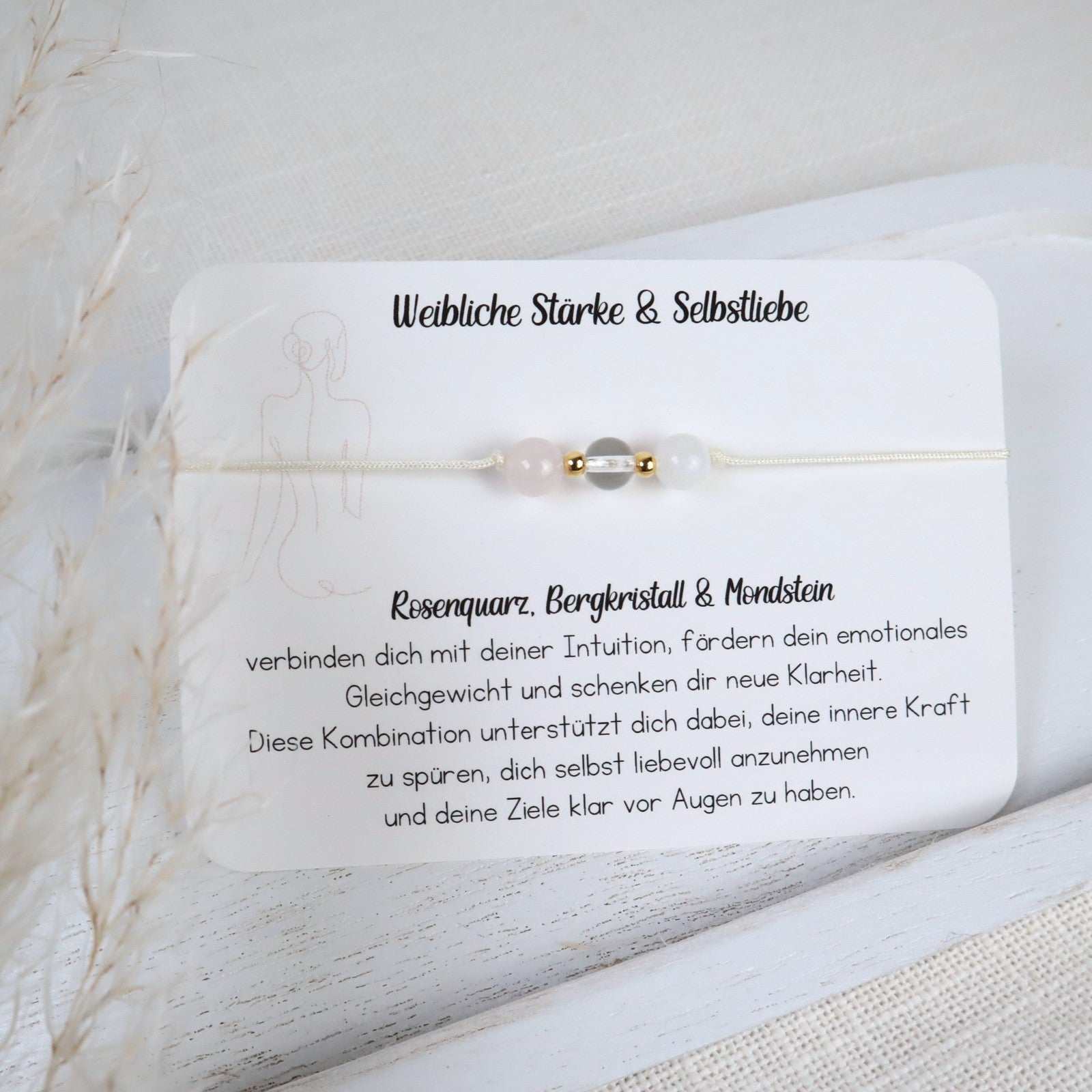 Natursteinarmband „Weibliche Stärke & Selbstliebe“ – mit Rosenquarz, Bergkristall & Mondstein