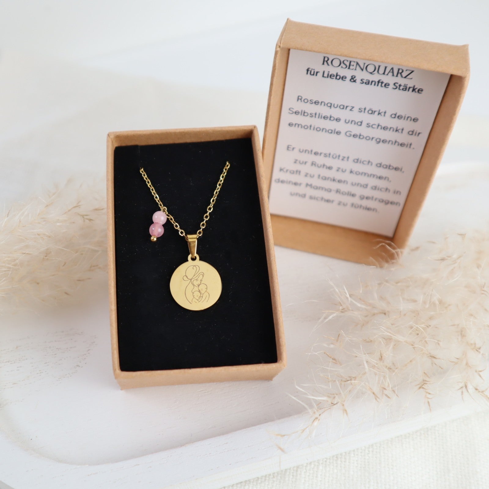 Mama-Kette mit Rosenquarz & Wunschgravur | Personalisierbarer Schmuck für Mamas