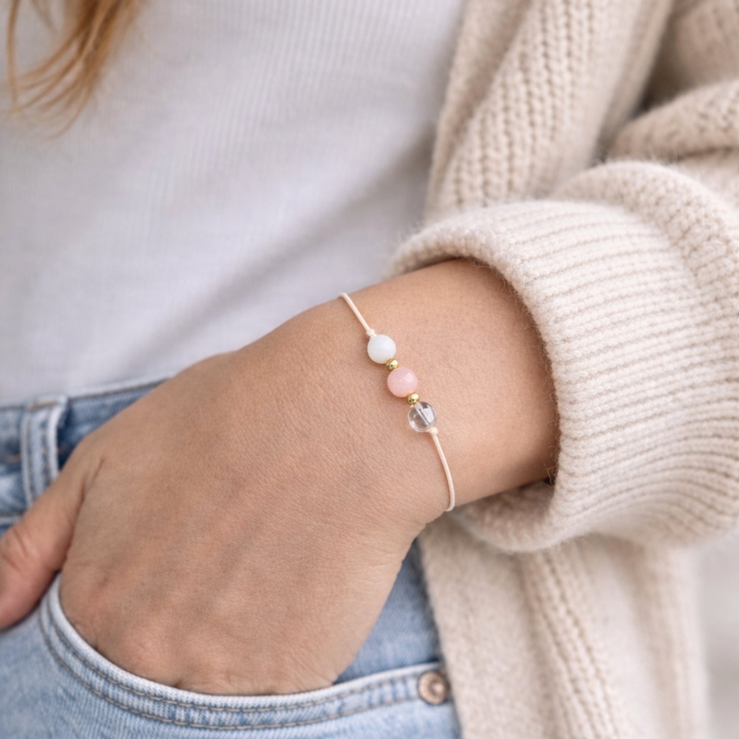 Natursteinarmband „Mama Essence“ – mit Rosenquarz, Mondstein & Bergkristall