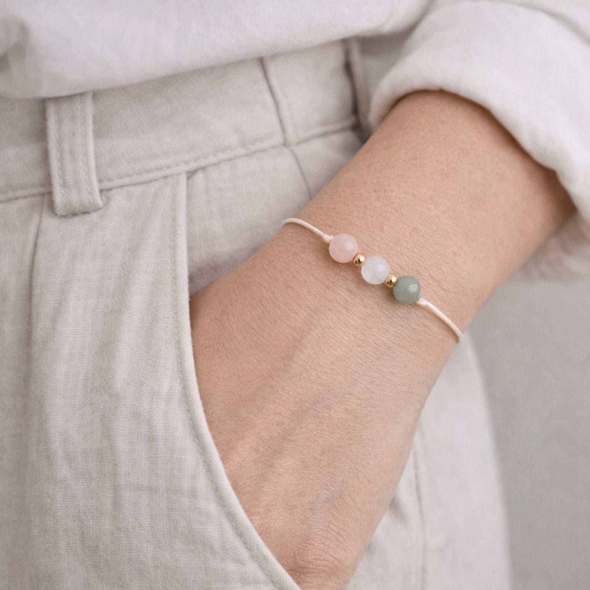 Natursteinarmband „Kinderwunsch“ – mit Rosenquarz, Mondstein & Aventurin