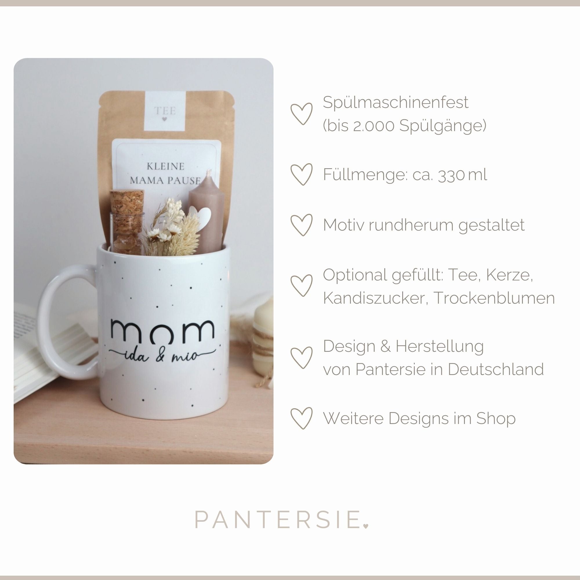 Geschenkset „Mom“ mit Namen – Tasse mit Bio-Tee, Kerze & Trockenblumen für Mamas