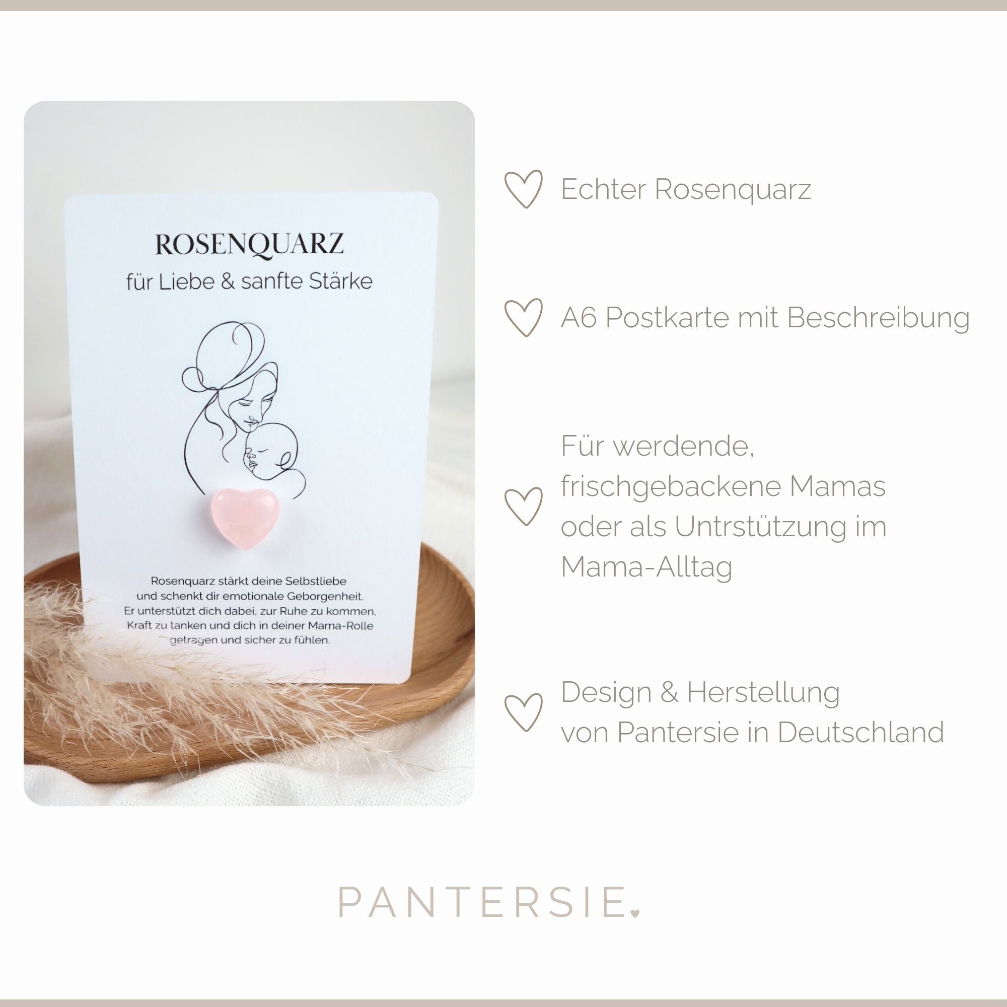 Herzenssteinkarte für Liebe & sanfte Stärke – Rosenquarz in Herzform