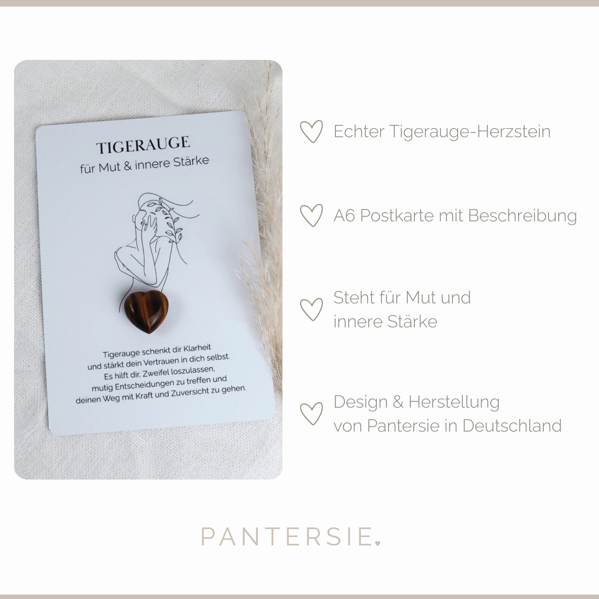 Herzenssteinkarte für Mut & innere Stärke – Tigerauge in Herzform