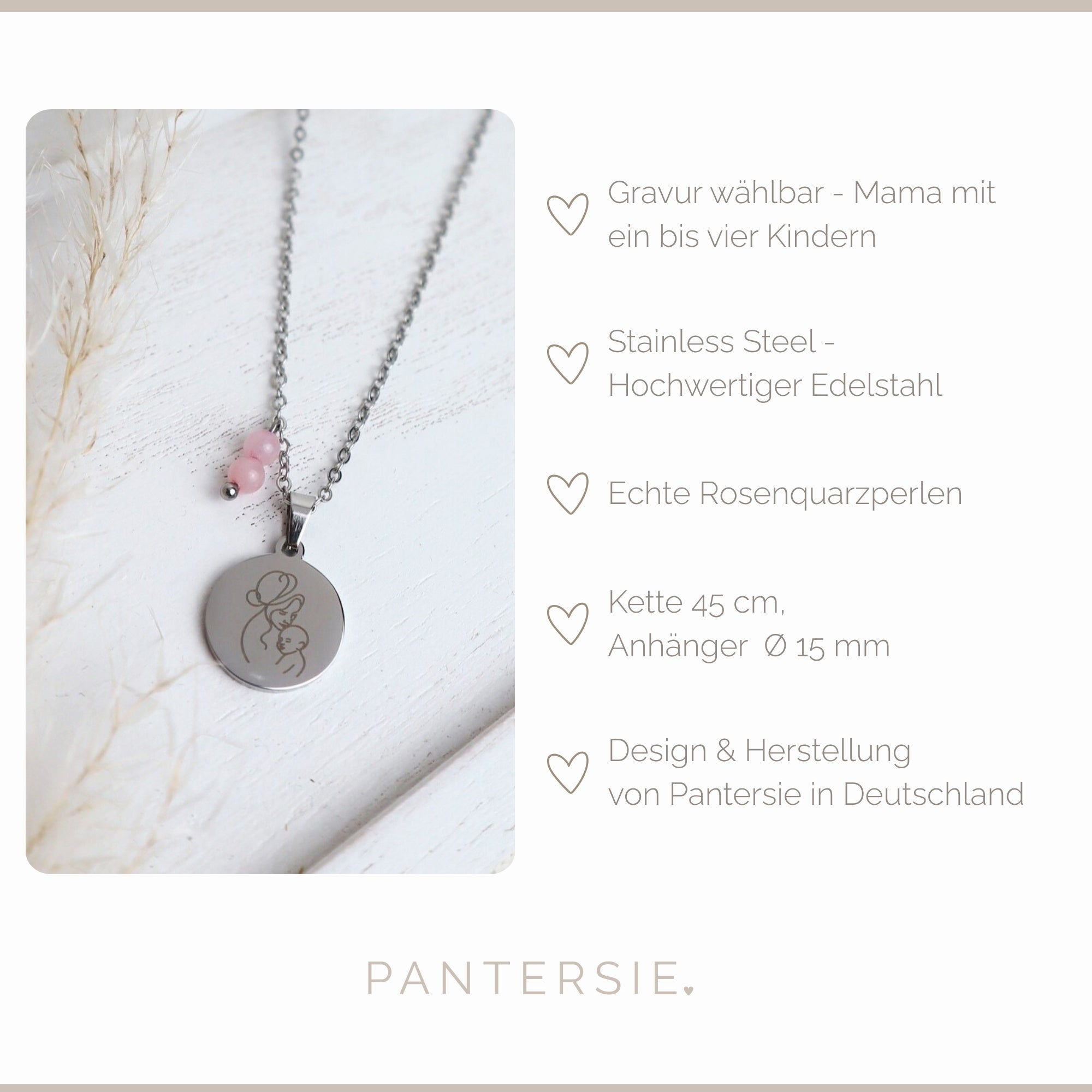 Mama-Kette mit Rosenquarz & Wunschgravur | Personalisierbarer Schmuck für Mamas
