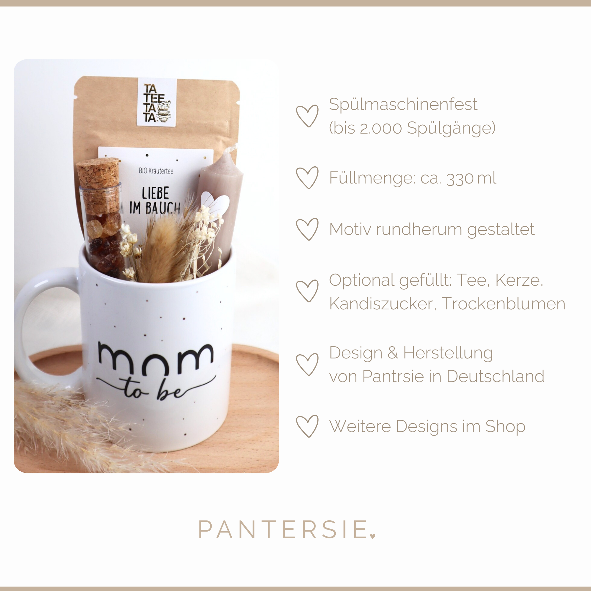 Geschenkset „Mom to be“ – Tasse mit Bio-Tee, Kerze & Trockenblumen für werdende Mamas