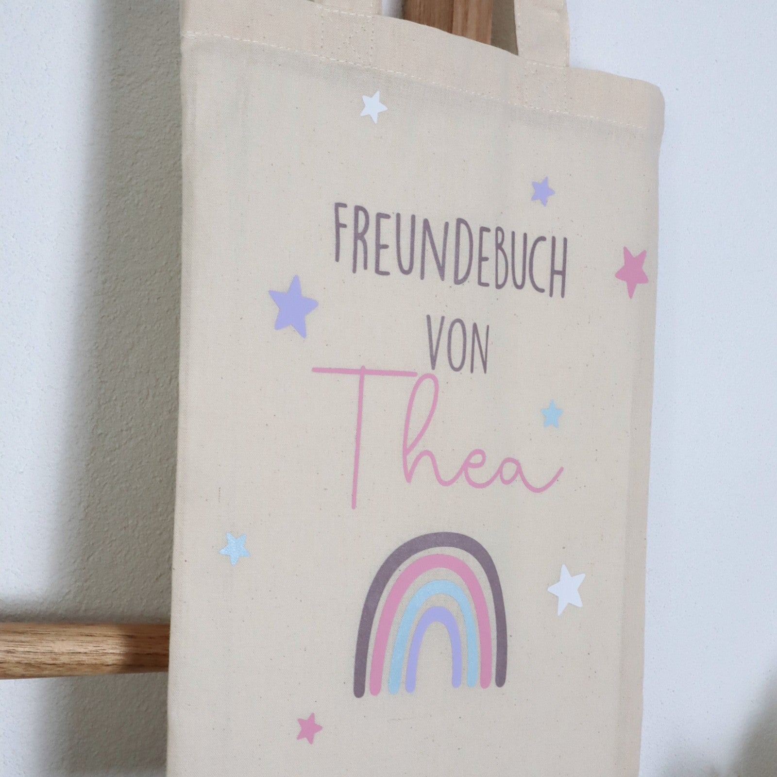 Tasche für Freundebuch – personalisiert mit Namen, Regenbogen & Sternen