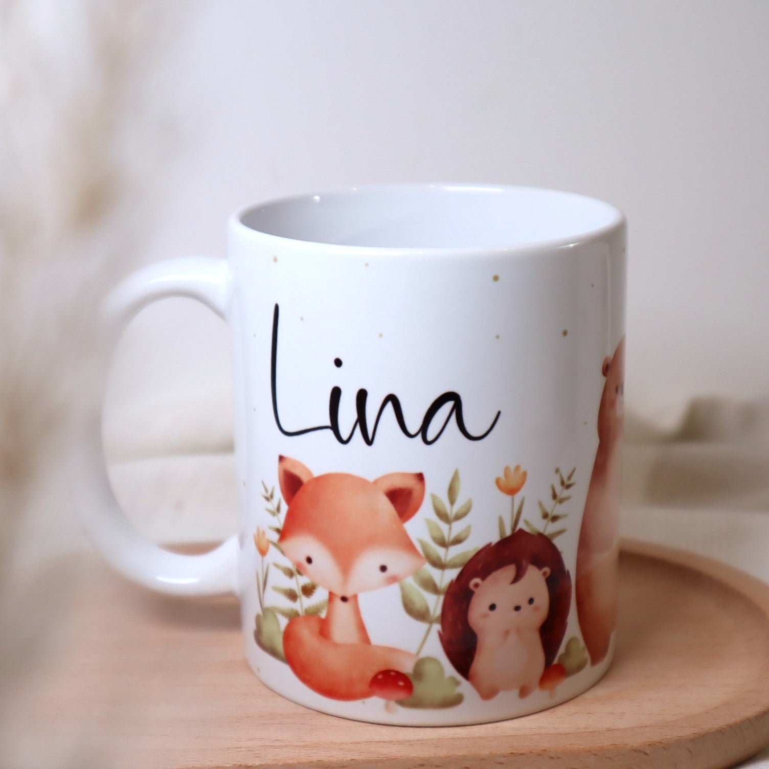 Kindertasse mit Waldtieren – personalisiert mit Name – rundum bedruckt