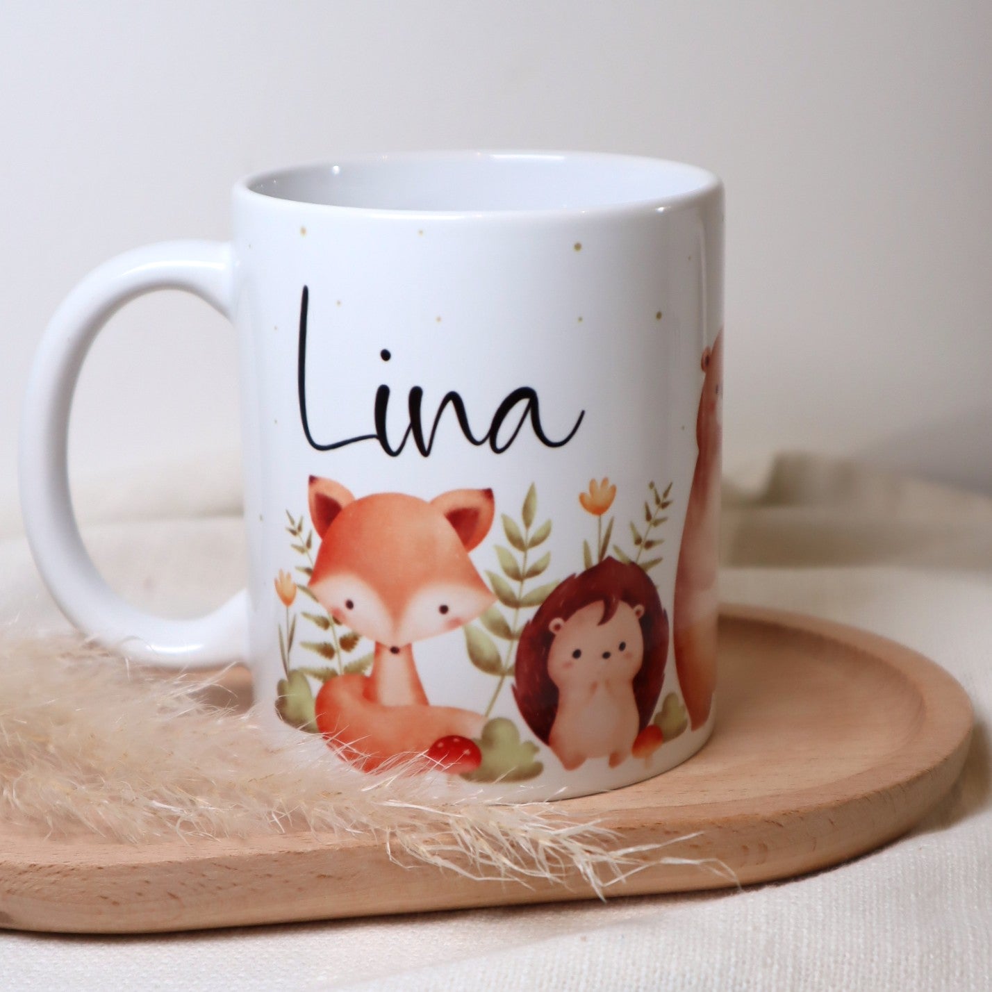 Kindertasse mit Waldtieren – personalisiert mit Name – rundum bedruckt