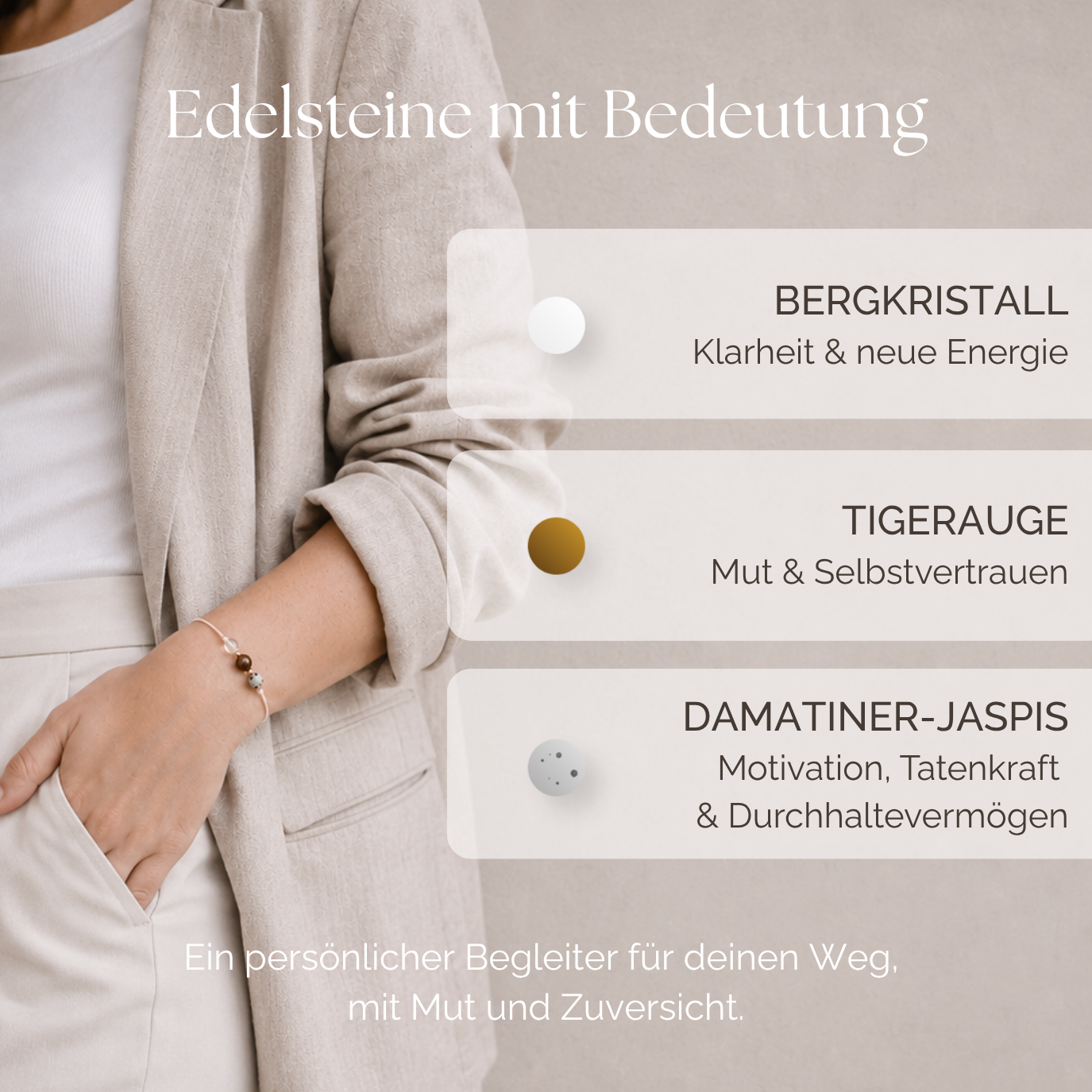 Natursteinarmband „Du kannst alles schaffen“ – mit Bergkristall, Tigerauge & Dalmatiner-Jaspis