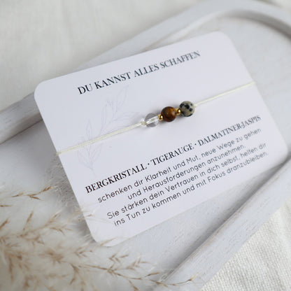 Natursteinarmband „Du kannst alles schaffen“ – mit Bergkristall, Tigerauge &amp; Dalmatiner-Jaspis