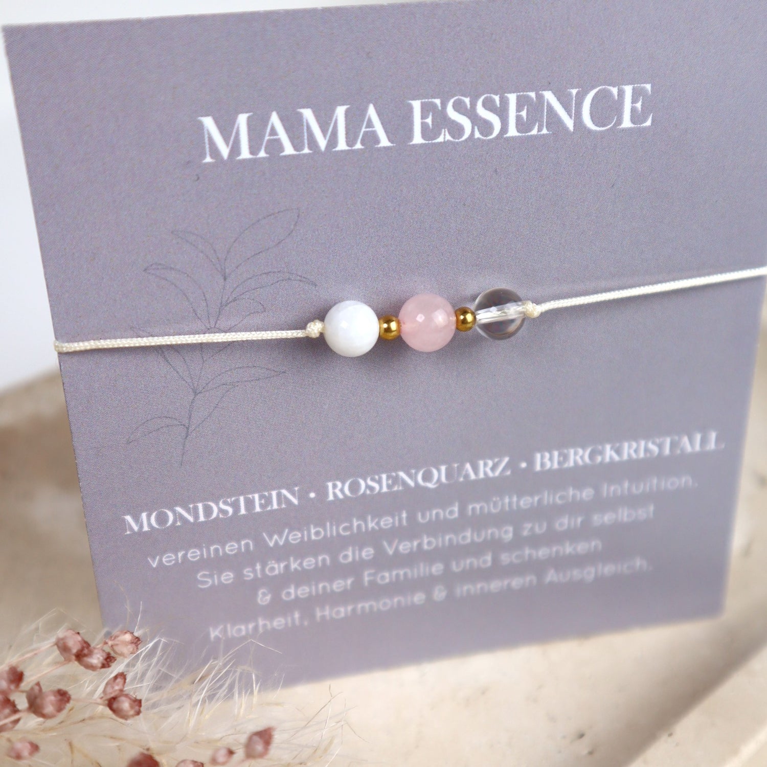 Natursteinarmband „Mama Essence“ – mit Rosenquarz, Mondstein &amp; Bergkristall
