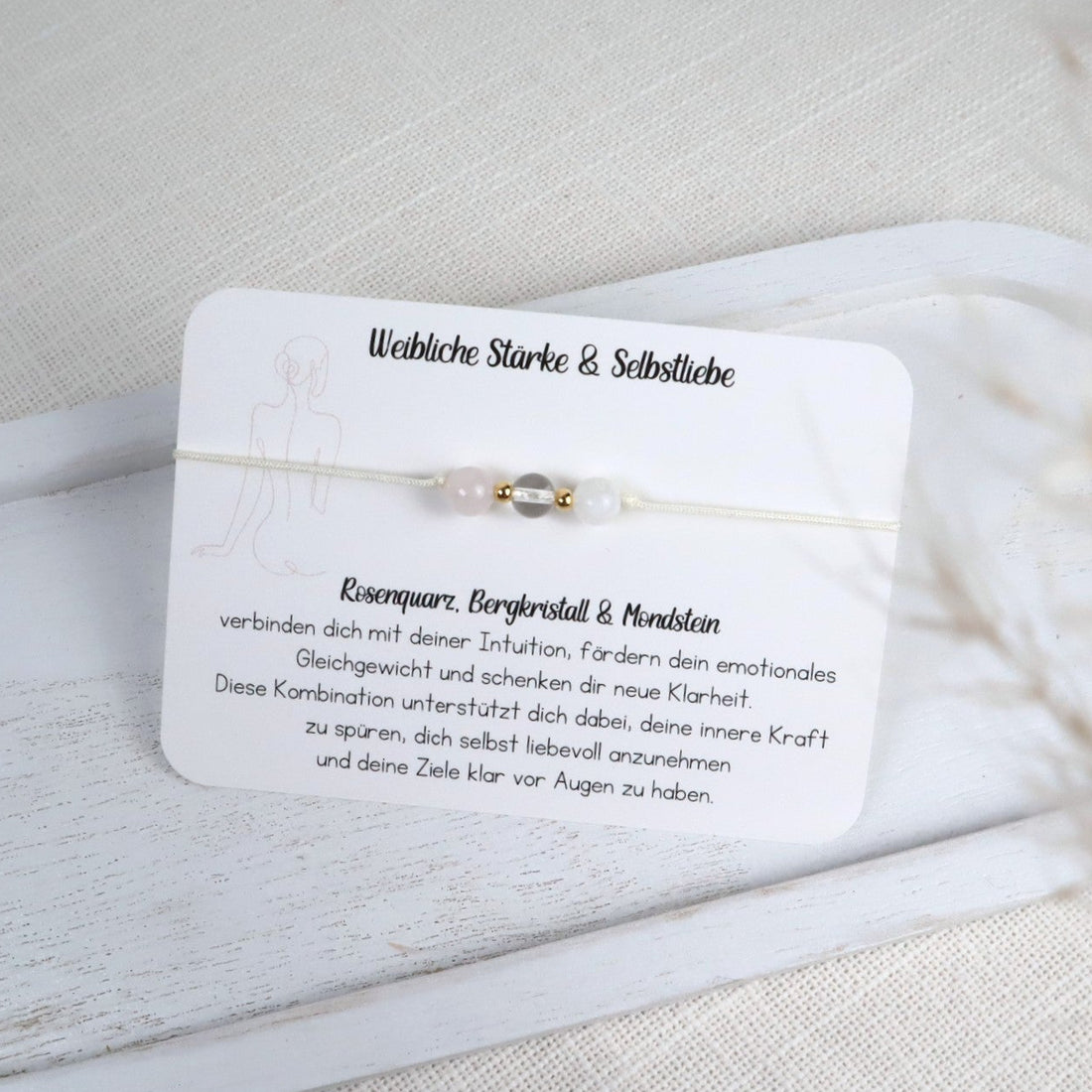 Natursteinarmband „Weibliche Stärke &amp; Selbstliebe“ – mit Rosenquarz, Bergkristall &amp; Mondstein