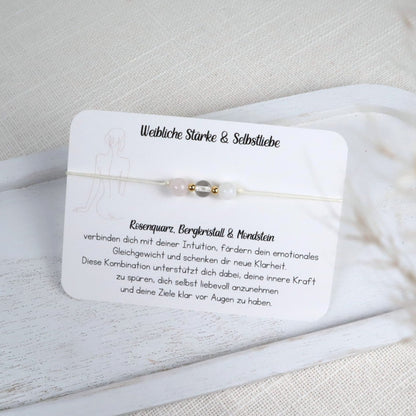 Natursteinarmband „Weibliche Stärke &amp; Selbstliebe“ – mit Rosenquarz, Bergkristall &amp; Mondstein