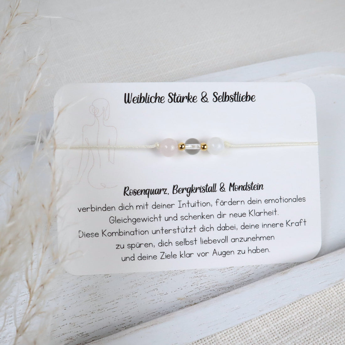 Natursteinarmband „Weibliche Stärke &amp; Selbstliebe“ – mit Rosenquarz, Bergkristall &amp; Mondstein
