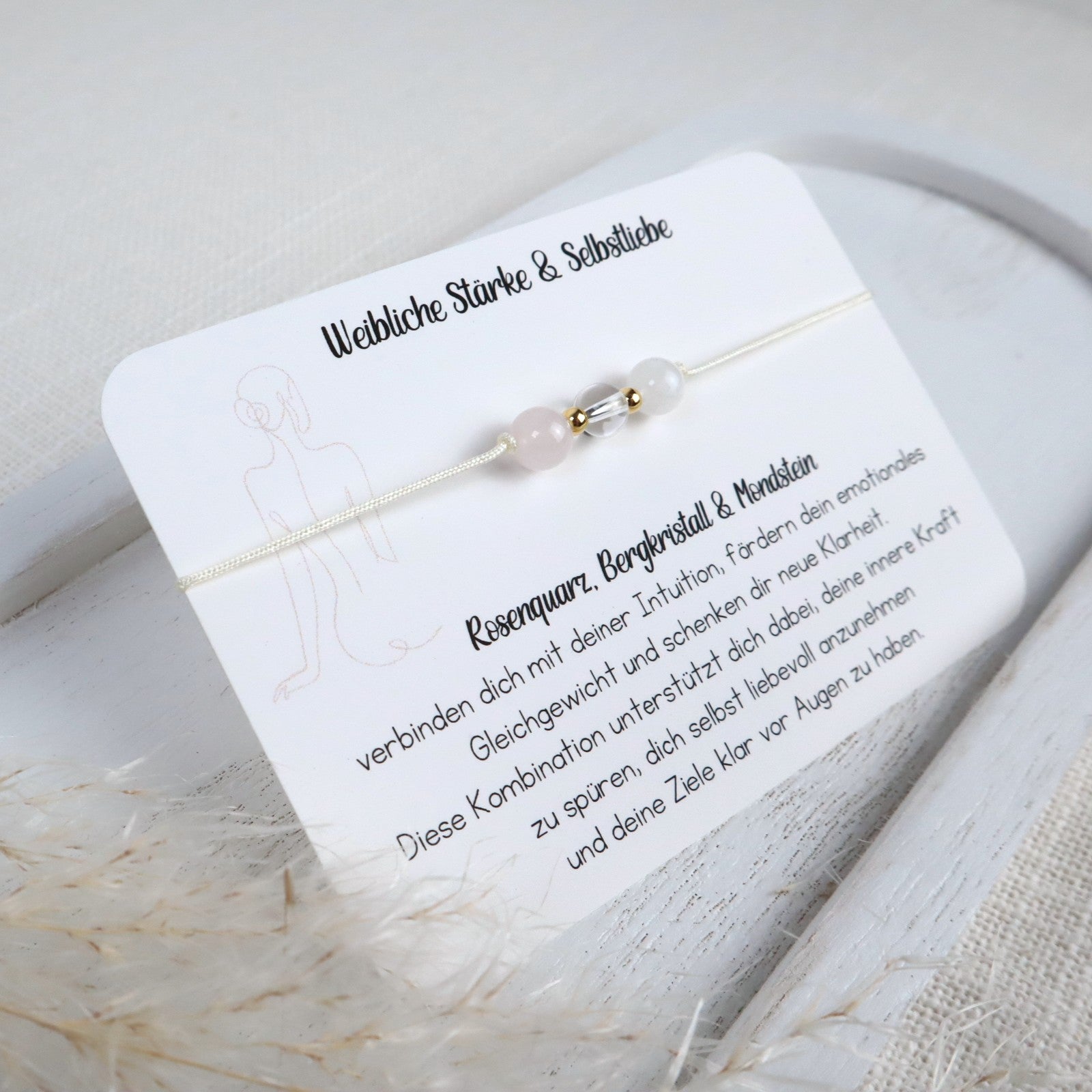Natursteinarmband „Weibliche Stärke &amp; Selbstliebe“ – mit Rosenquarz, Bergkristall &amp; Mondstein