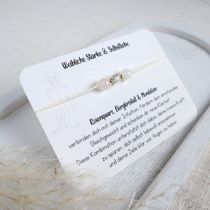 Natursteinarmband „Weibliche Stärke &amp; Selbstliebe“ – mit Rosenquarz, Bergkristall &amp; Mondstein