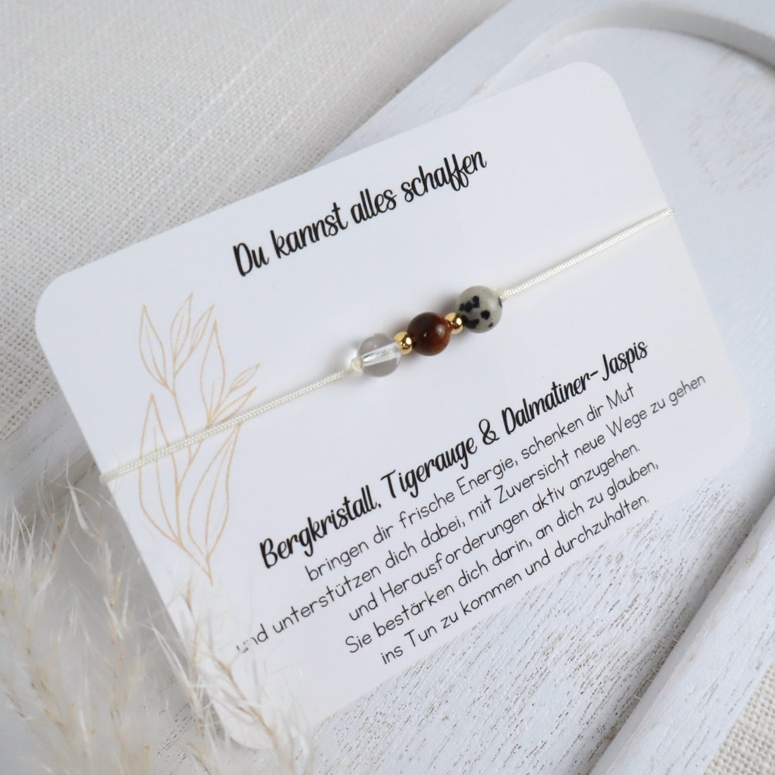 Natursteinarmband „Du kannst alles schaffen“ – mit Bergkristall, Tigerauge &amp; Dalmatiner-Jaspis