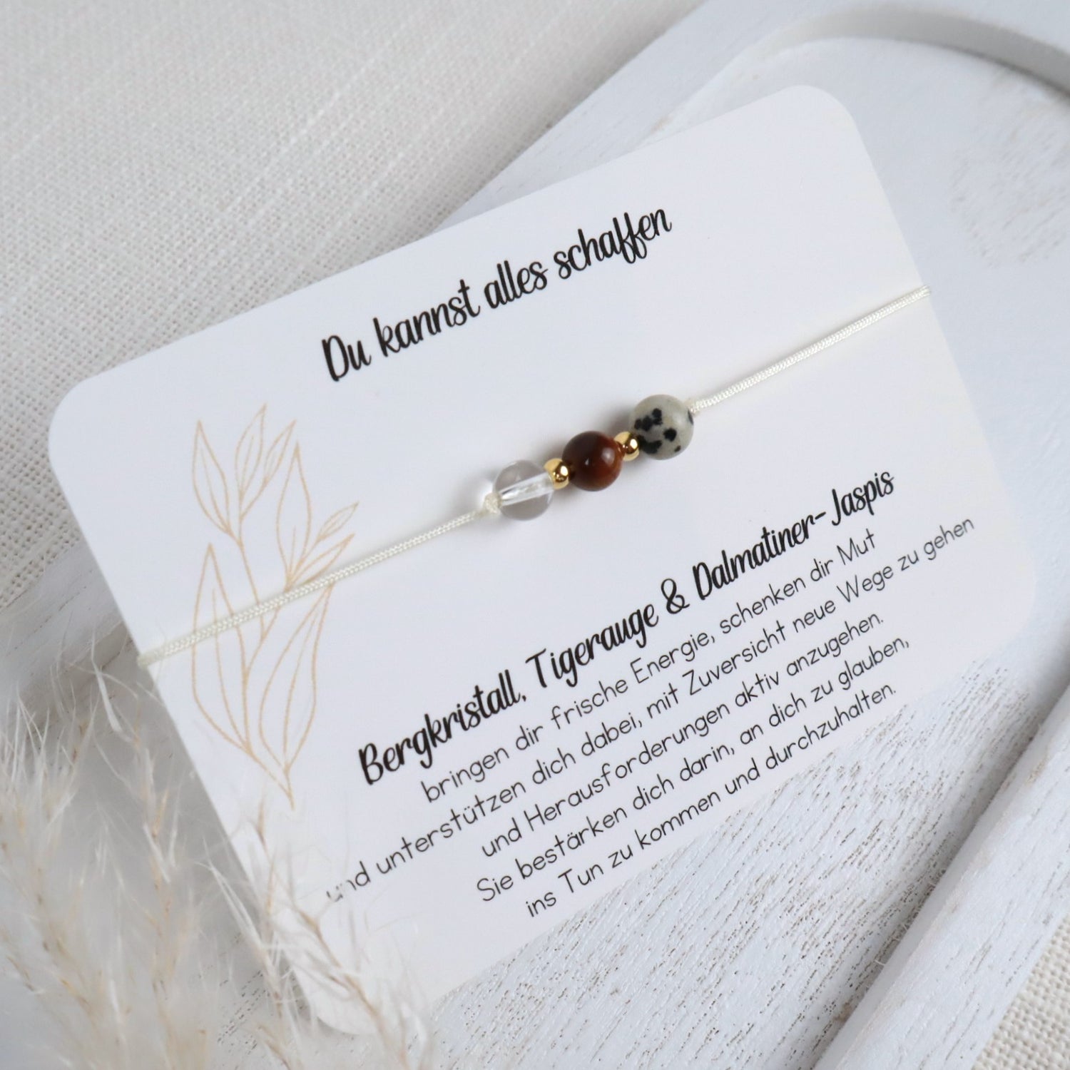 Natursteinarmband „Du kannst alles schaffen“ – mit Bergkristall, Tigerauge &amp; Dalmatiner-Jaspis