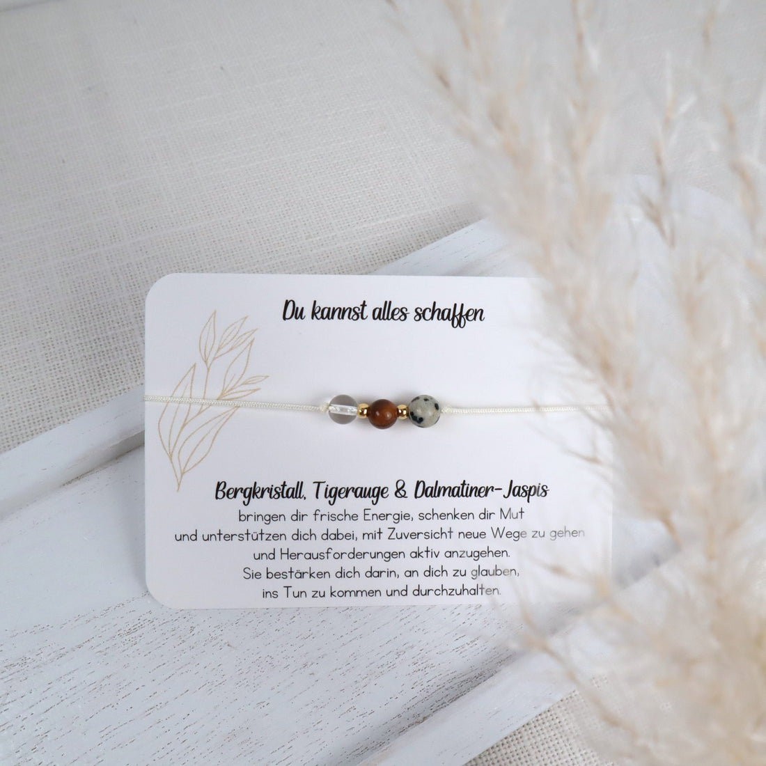 Natursteinarmband „Du kannst alles schaffen“ – mit Bergkristall, Tigerauge &amp; Dalmatiner-Jaspis