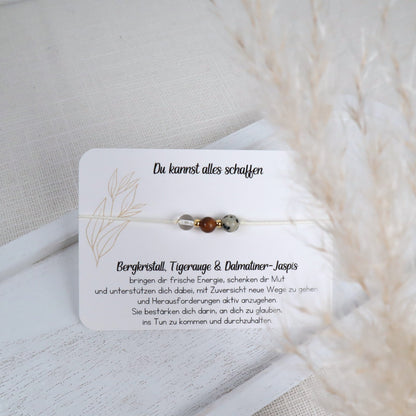 Natursteinarmband „Du kannst alles schaffen“ – mit Bergkristall, Tigerauge &amp; Dalmatiner-Jaspis
