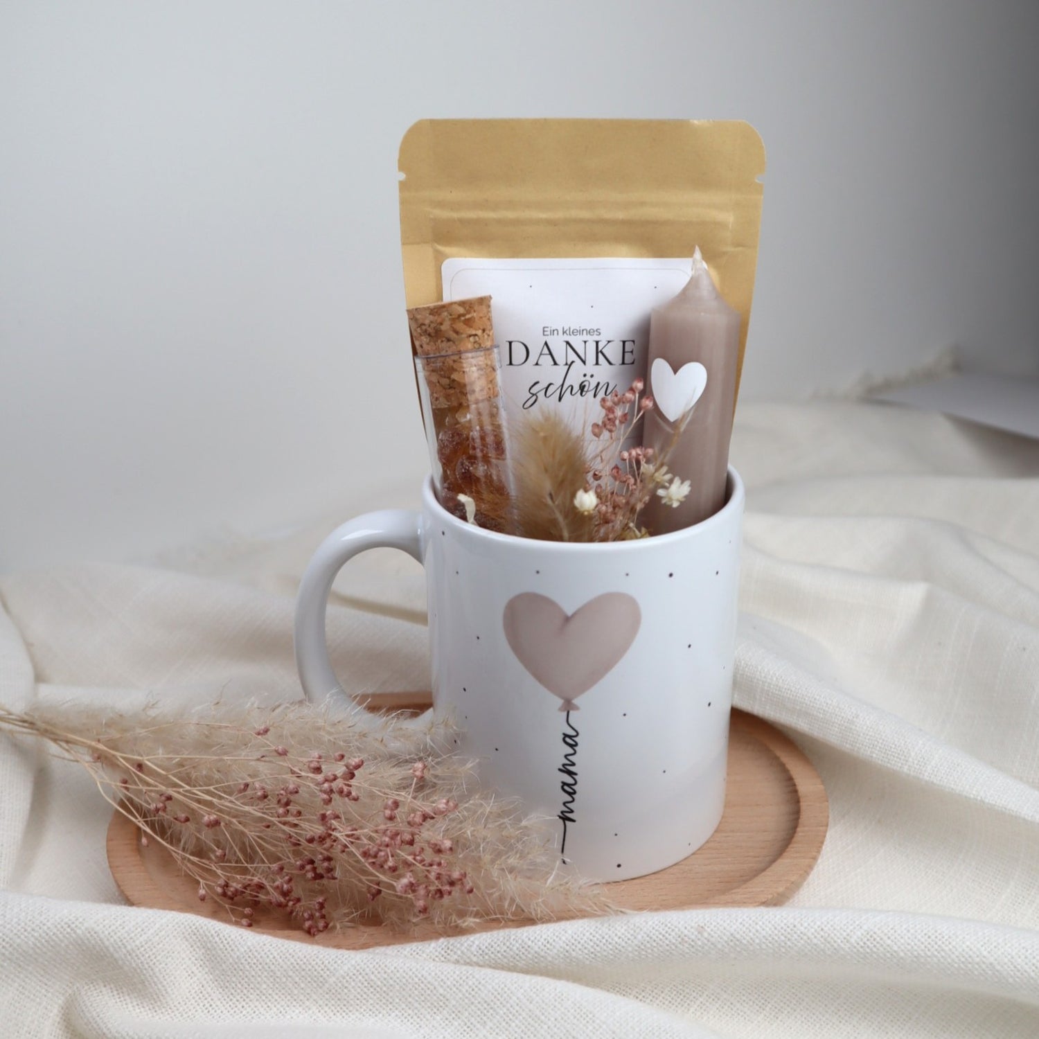 Geschenkset „Danke Mama“ | Tasse mit Tee &amp; Kerze für Mamas
