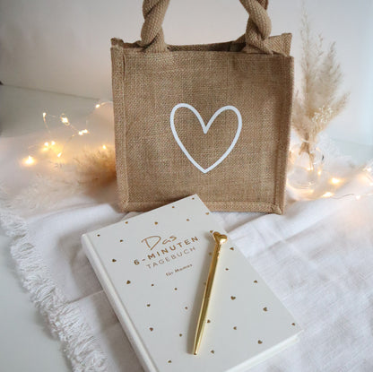 Geschenk-Set für Mamas | Achtsamkeit &amp; Selfcare | 6-Minuten-Tagebuch mit Tasche &amp; Herzstift