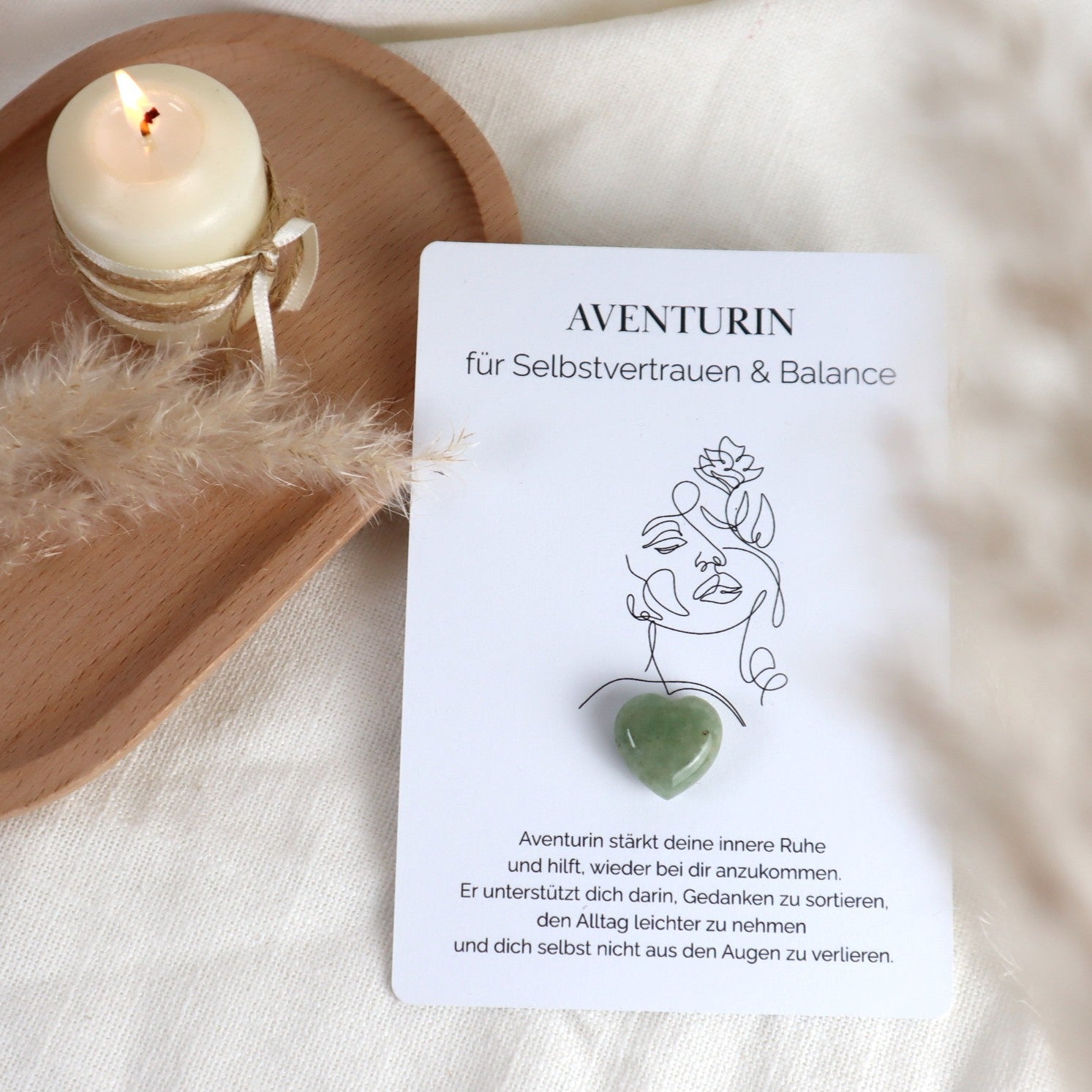 Herzenssteinkarte für Selbstvertrauen &amp; innere Balance – Aventurin in Herzform