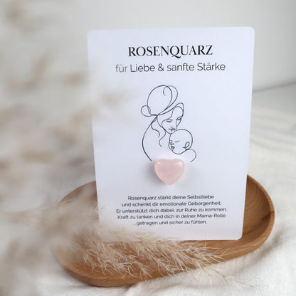 Herzenssteinkarte für Liebe &amp; sanfte Stärke – Rosenquarz in Herzform