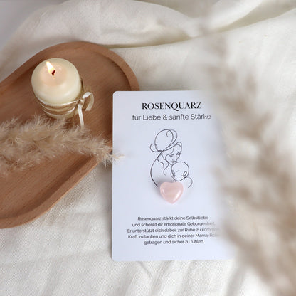 Herzenssteinkarte für Liebe &amp; sanfte Stärke – Rosenquarz in Herzform