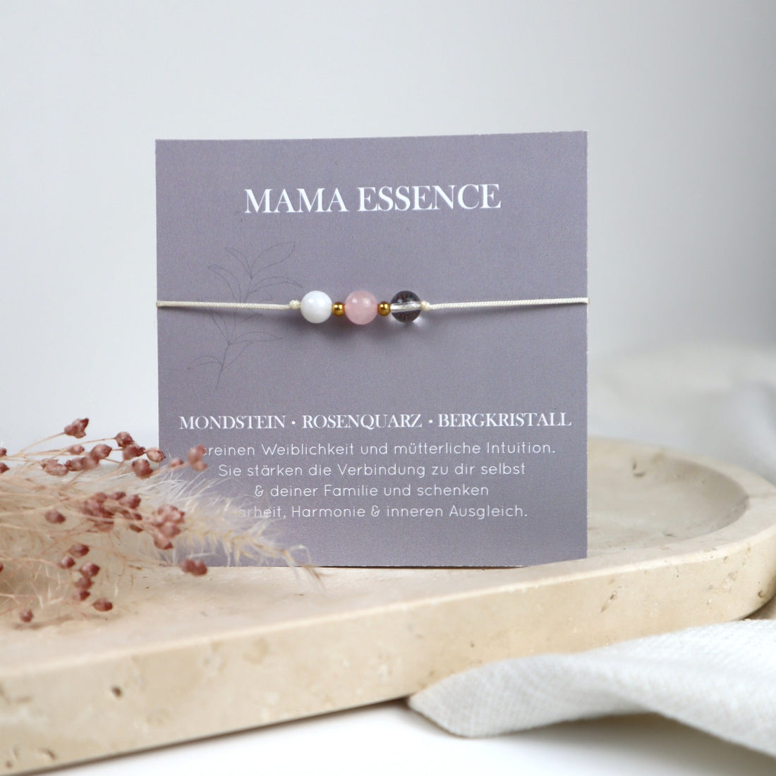Natursteinarmband „Mama Essence“ – mit Rosenquarz, Mondstein &amp; Bergkristall