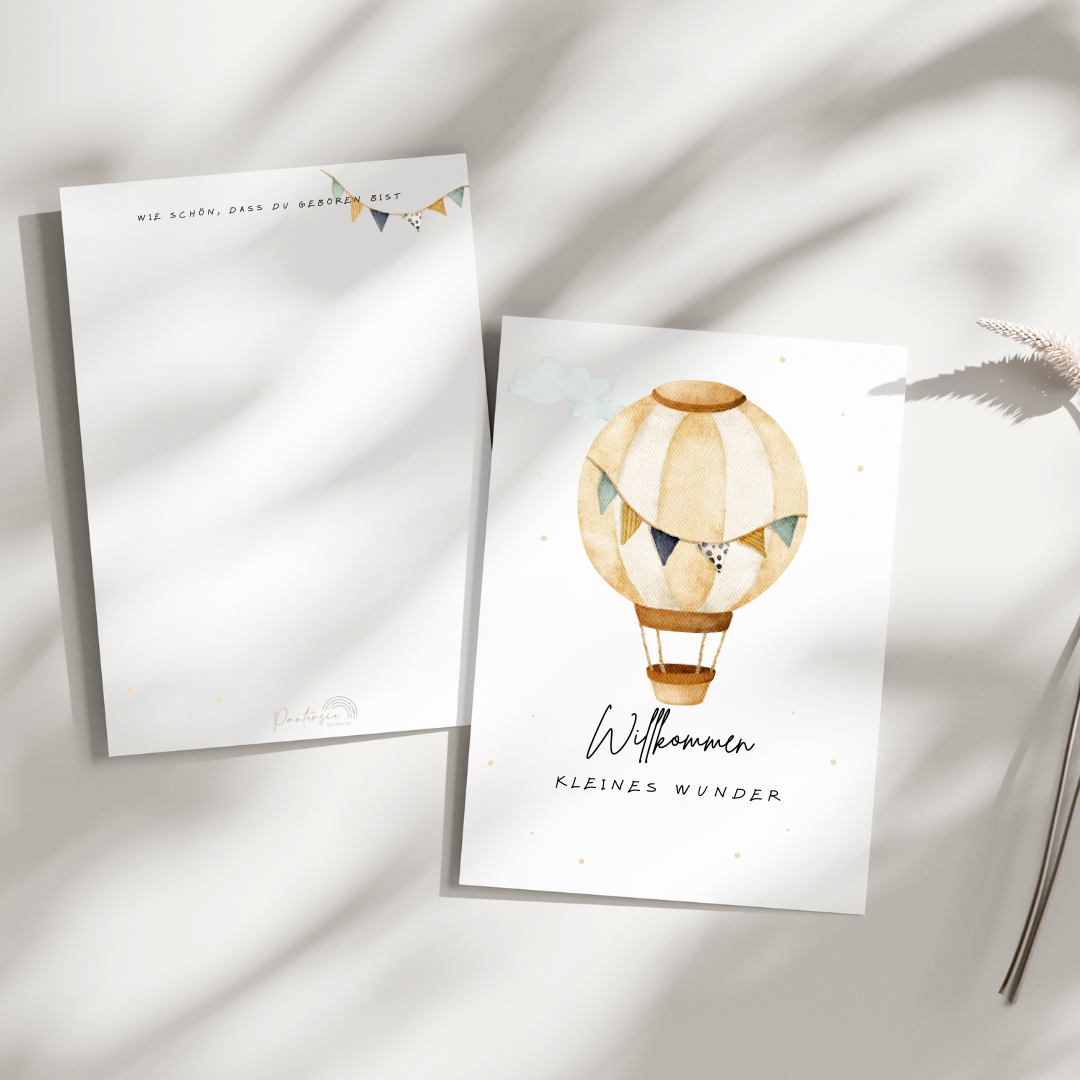 Postkarte „Willkommen kleines Wunder“ – Heißluftballon, personalisierbar