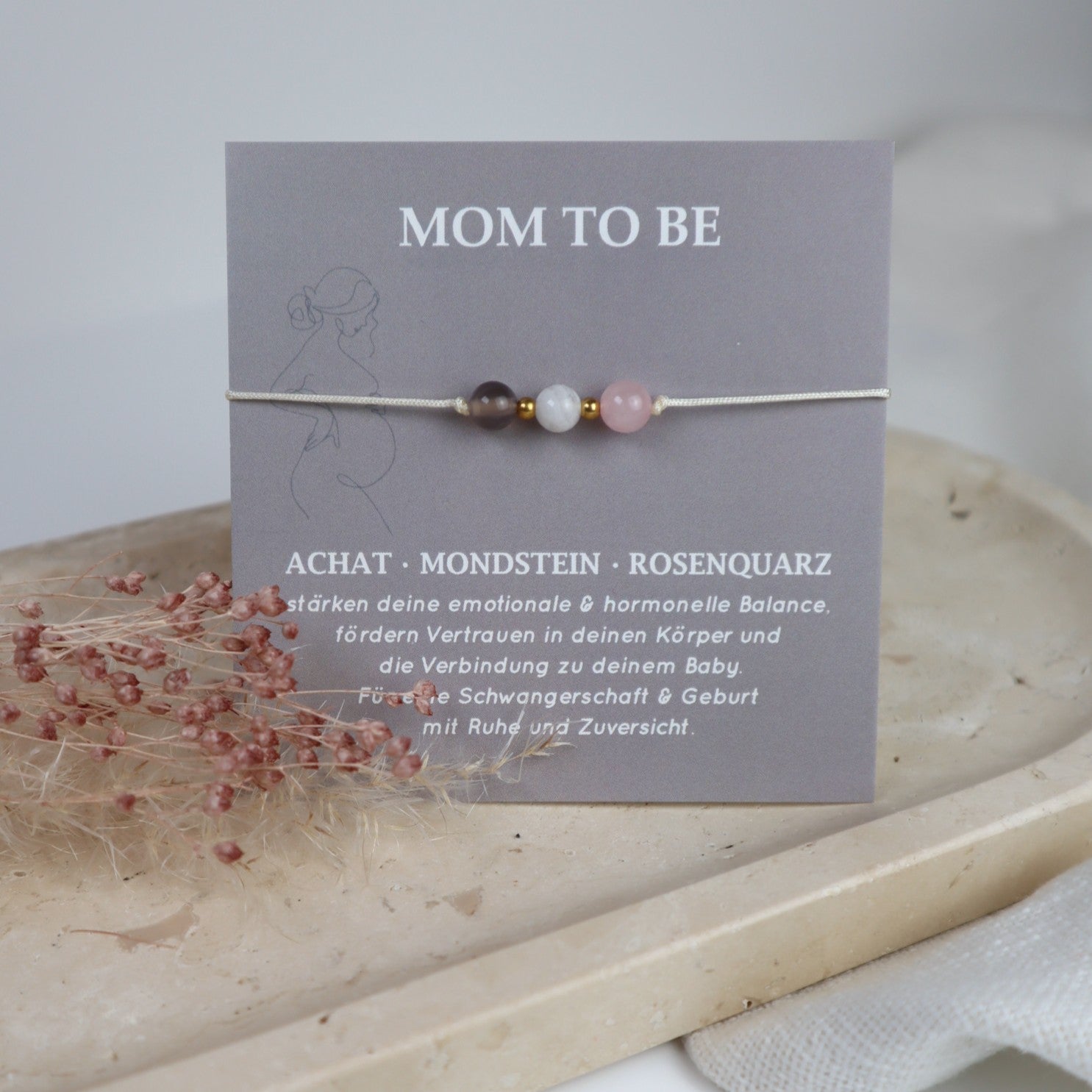 Natursteinarmband „Mom to be“ – mit Achat, Mondstein &amp; Rosenquarz