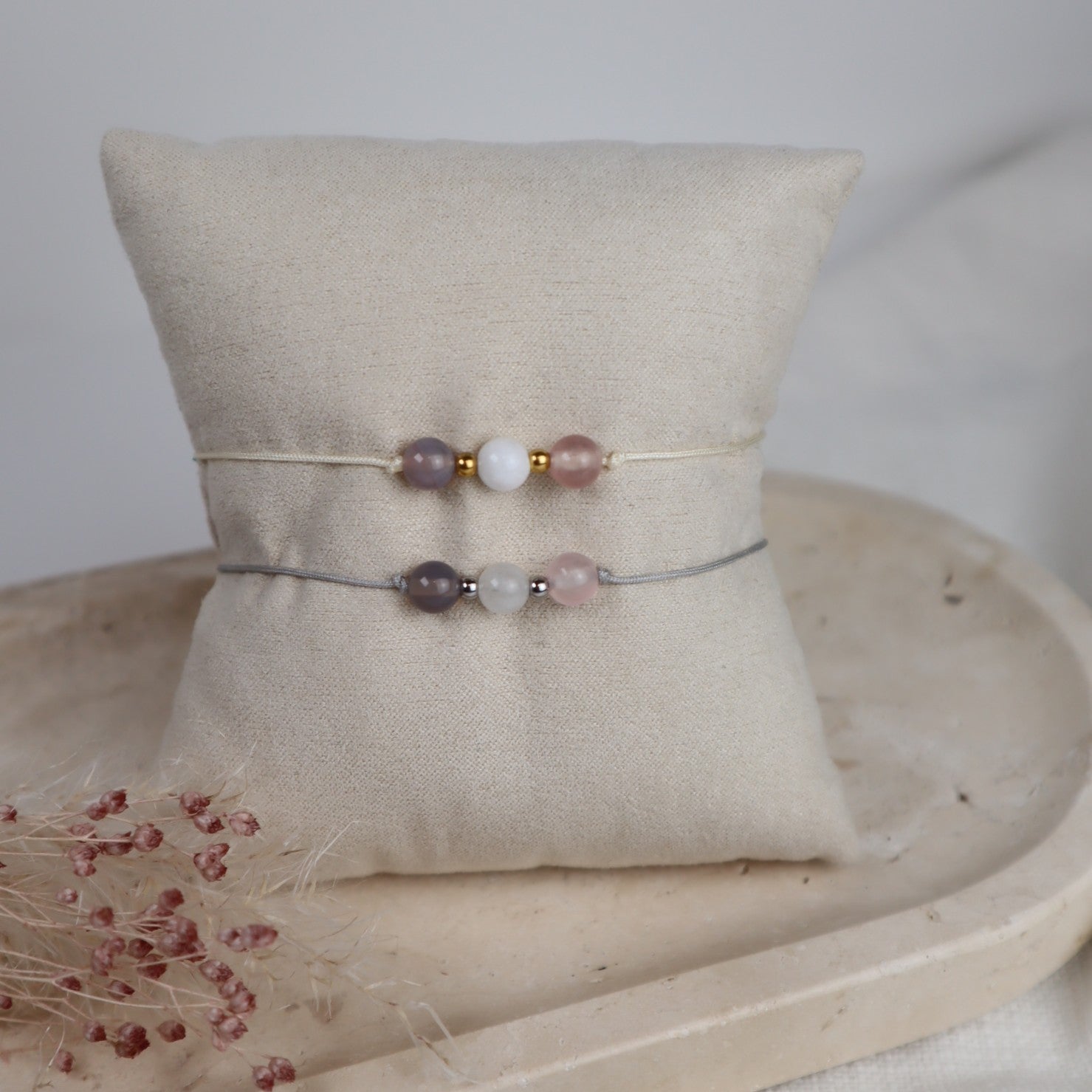 Natursteinarmband „Mom to be“ – mit Achat, Mondstein &amp; Rosenquarz