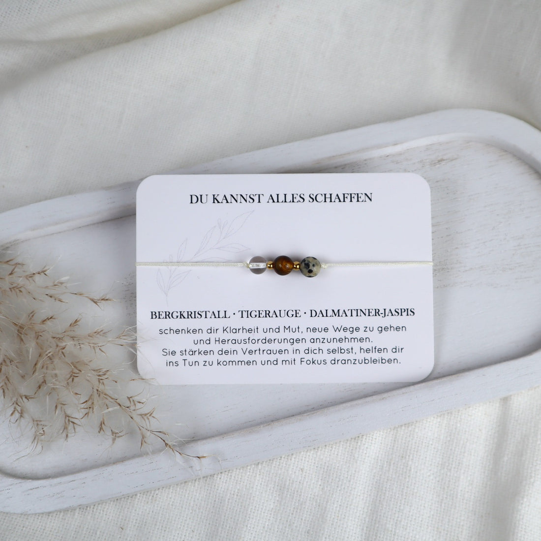 Natursteinarmband „Du kannst alles schaffen“ – mit Bergkristall, Tigerauge &amp; Dalmatiner-Jaspis