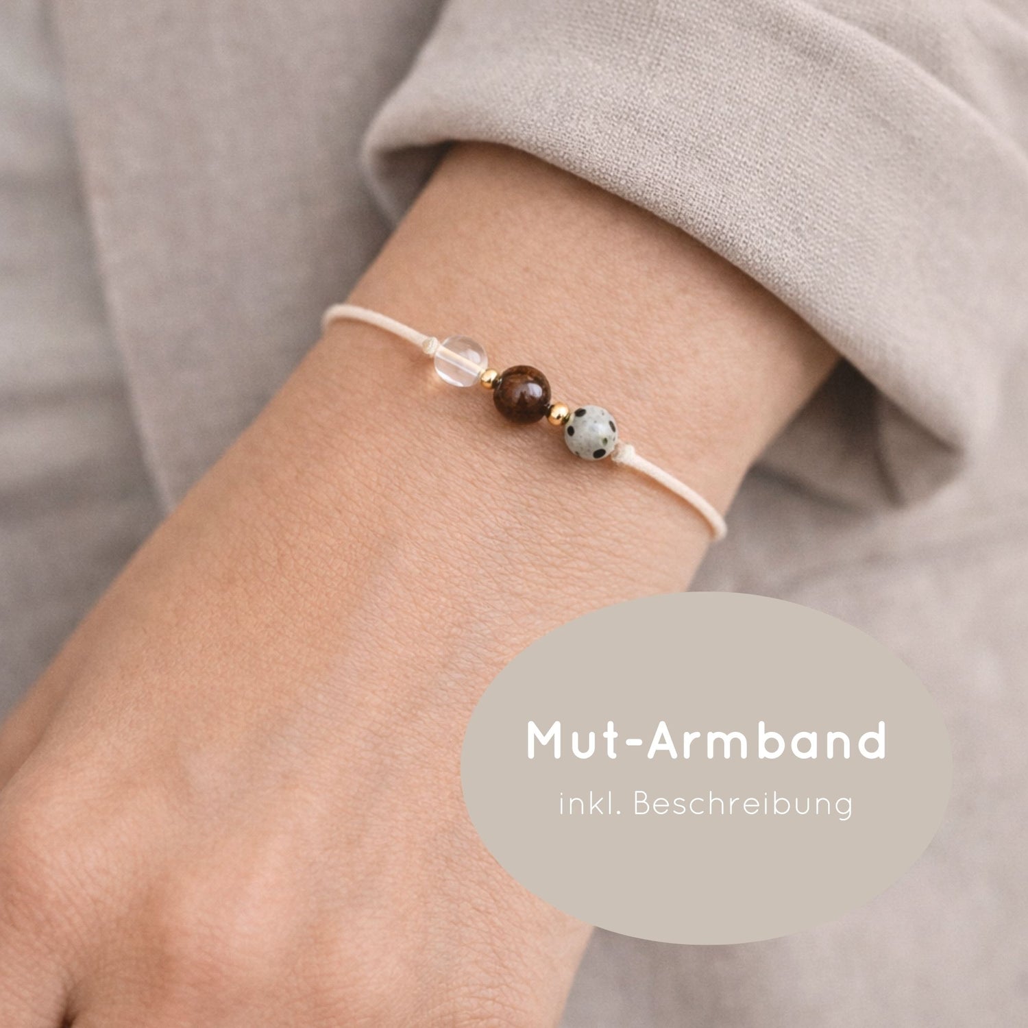 Natursteinarmband „Du kannst alles schaffen“ – mit Bergkristall, Tigerauge &amp; Dalmatiner-Jaspis