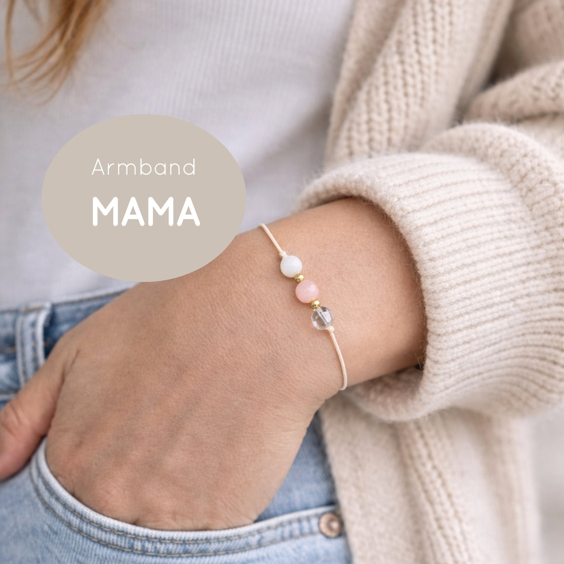 Natursteinarmband „Mama Essence“ – mit Rosenquarz, Mondstein &amp; Bergkristall