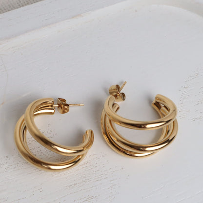Ohrstecker Triple-Creolen – Edelstahl Gold, 26 mm