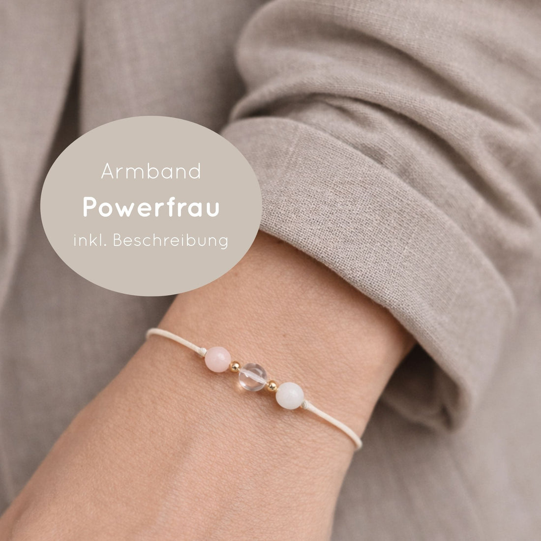 Natursteinarmband „Weibliche Stärke &amp; Selbstliebe“ – mit Rosenquarz, Bergkristall &amp; Mondstein