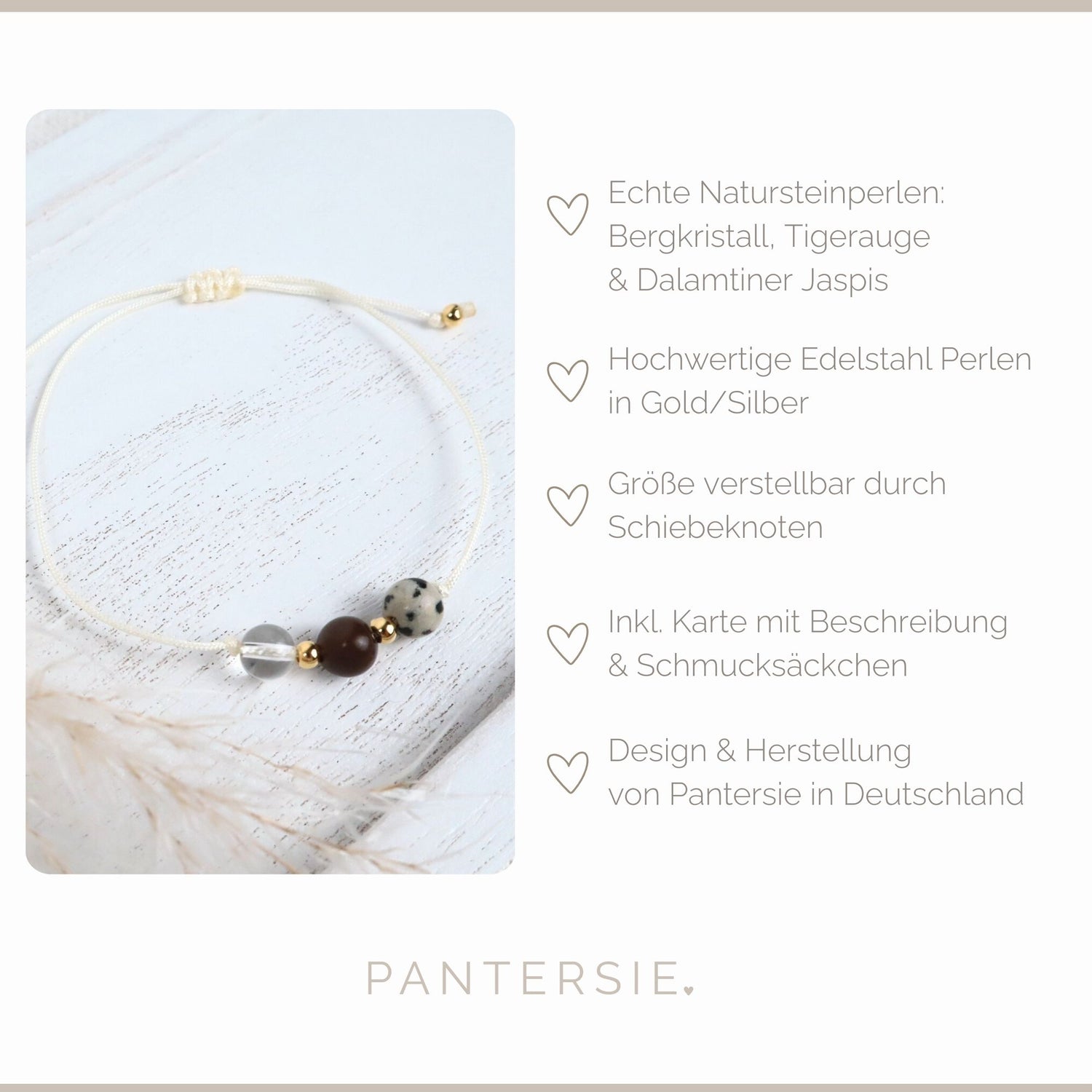 Natursteinarmband „Du kannst alles schaffen“ – mit Bergkristall, Tigerauge &amp; Dalmatiner-Jaspis