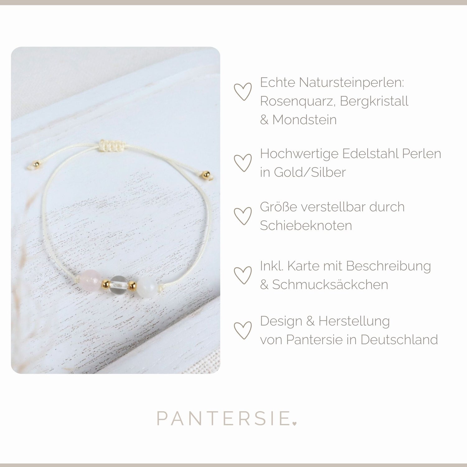 Natursteinarmband „Weibliche Stärke &amp; Selbstliebe“ – mit Rosenquarz, Bergkristall &amp; Mondstein