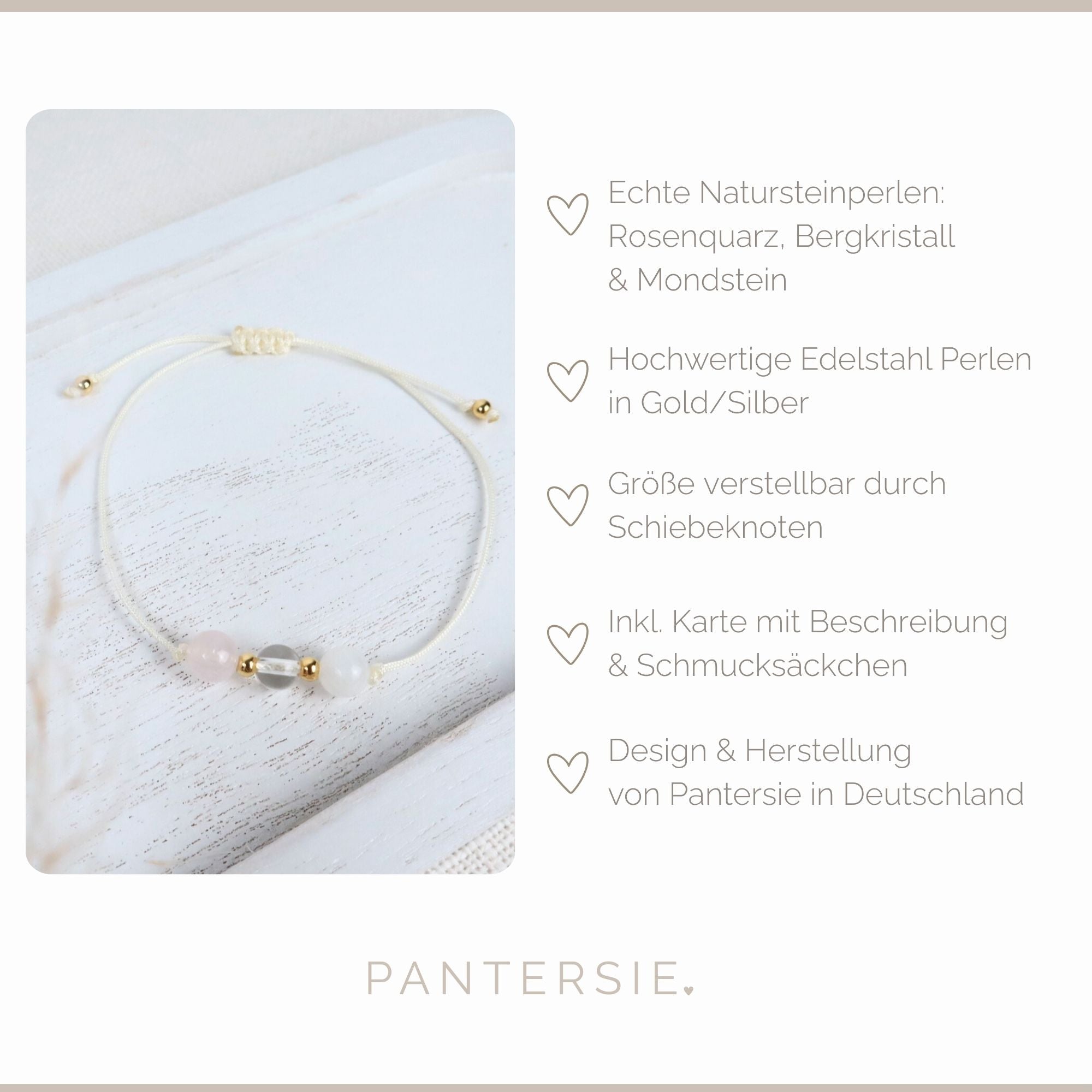 Natursteinarmband „Weibliche Stärke &amp; Selbstliebe“ – mit Rosenquarz, Bergkristall &amp; Mondstein