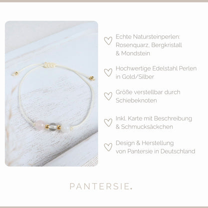 Natursteinarmband „Weibliche Stärke &amp; Selbstliebe“ – mit Rosenquarz, Bergkristall &amp; Mondstein