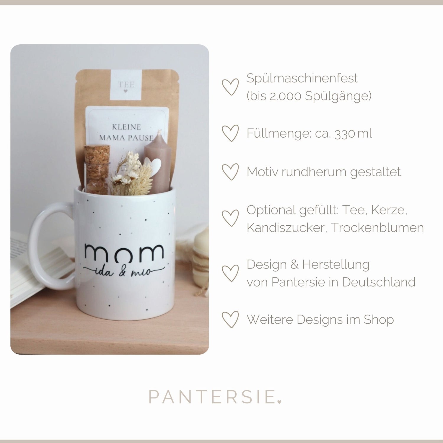 Geschenkset „Mom“ mit Namen – Tasse mit Bio-Tee, Kerze &amp; Trockenblumen für Mamas