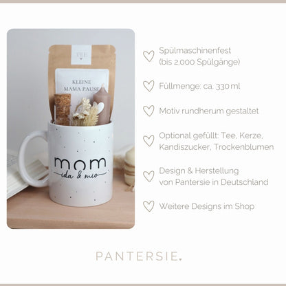 Geschenkset „Mom“ mit Namen – Tasse mit Bio-Tee, Kerze &amp; Trockenblumen für Mamas