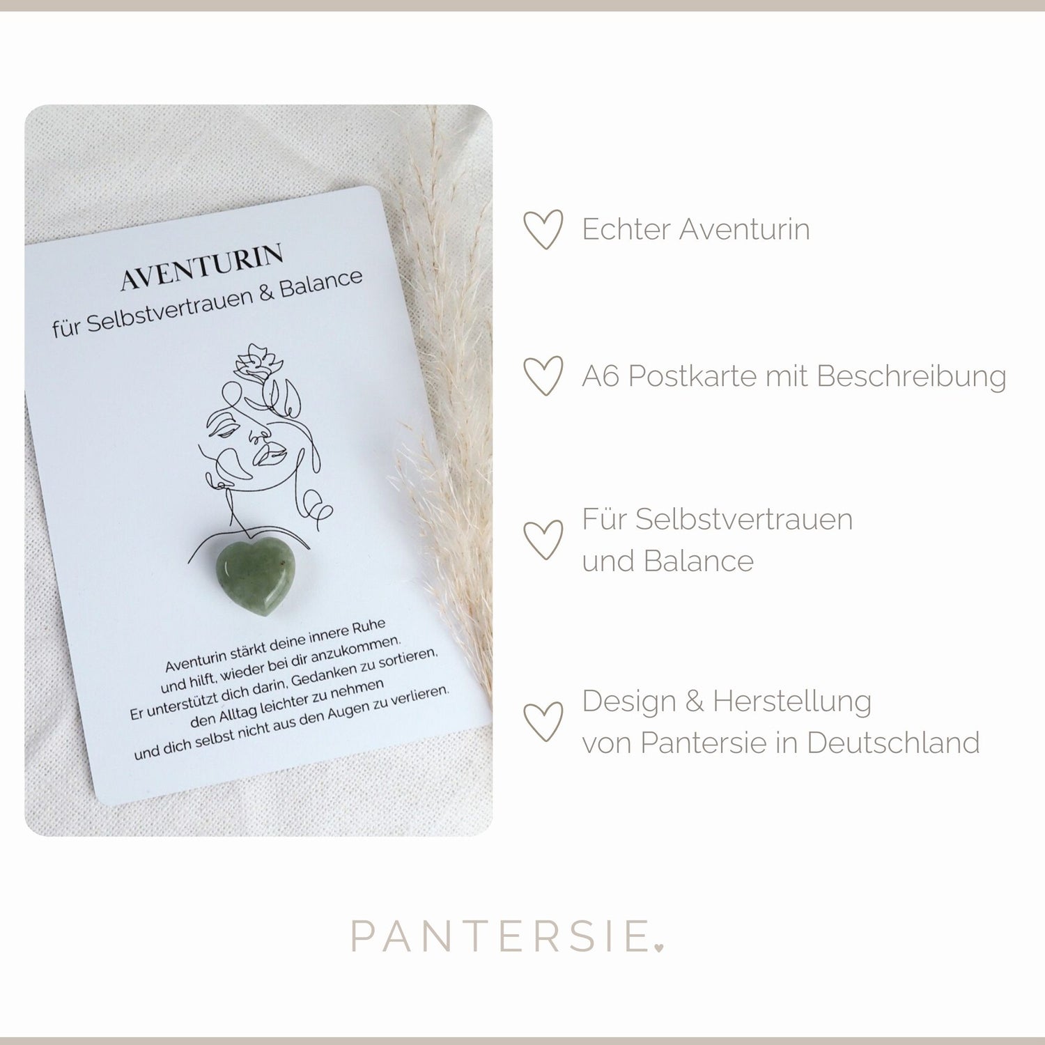Herzenssteinkarte für Selbstvertrauen &amp; innere Balance – Aventurin in Herzform