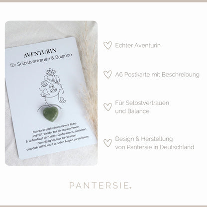 Herzenssteinkarte für Selbstvertrauen &amp; innere Balance – Aventurin in Herzform