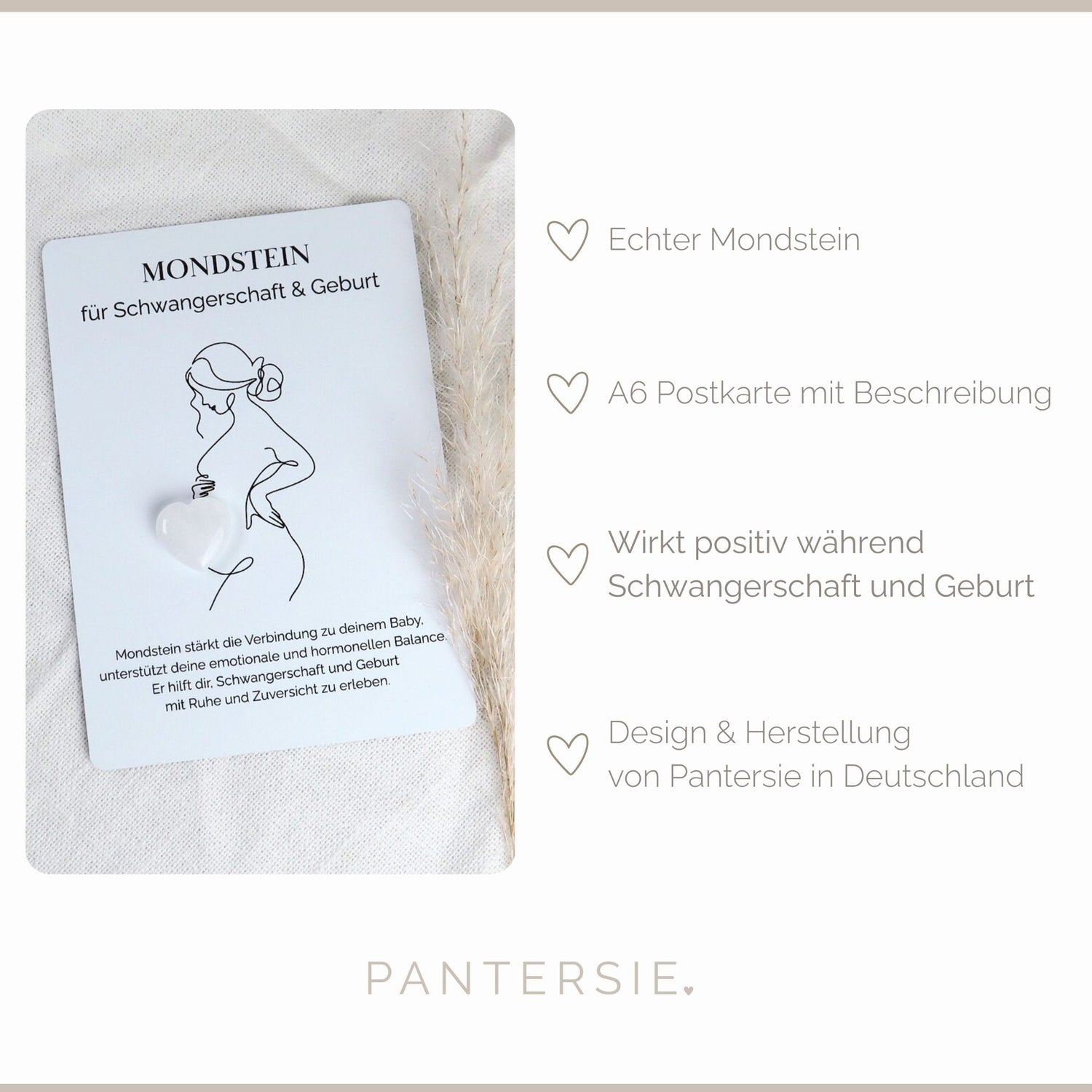 Herzenssteinkarte für Schwangerschaft &amp; Geburt – mit Mondstein in Herzform