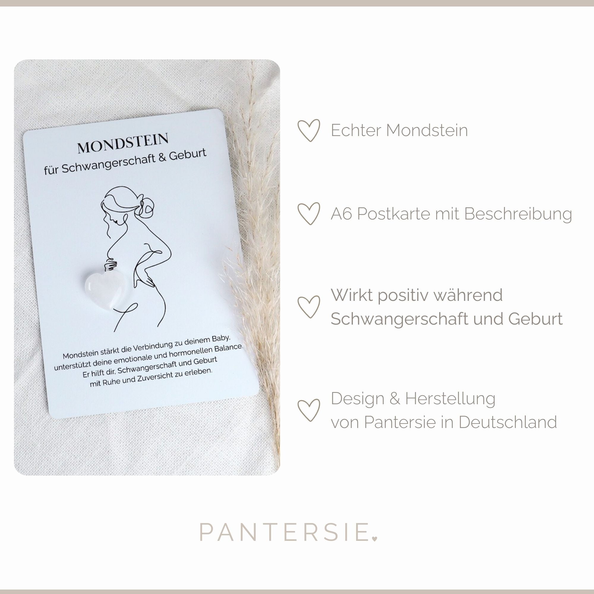 Herzenssteinkarte für Schwangerschaft &amp; Geburt – mit Mondstein in Herzform