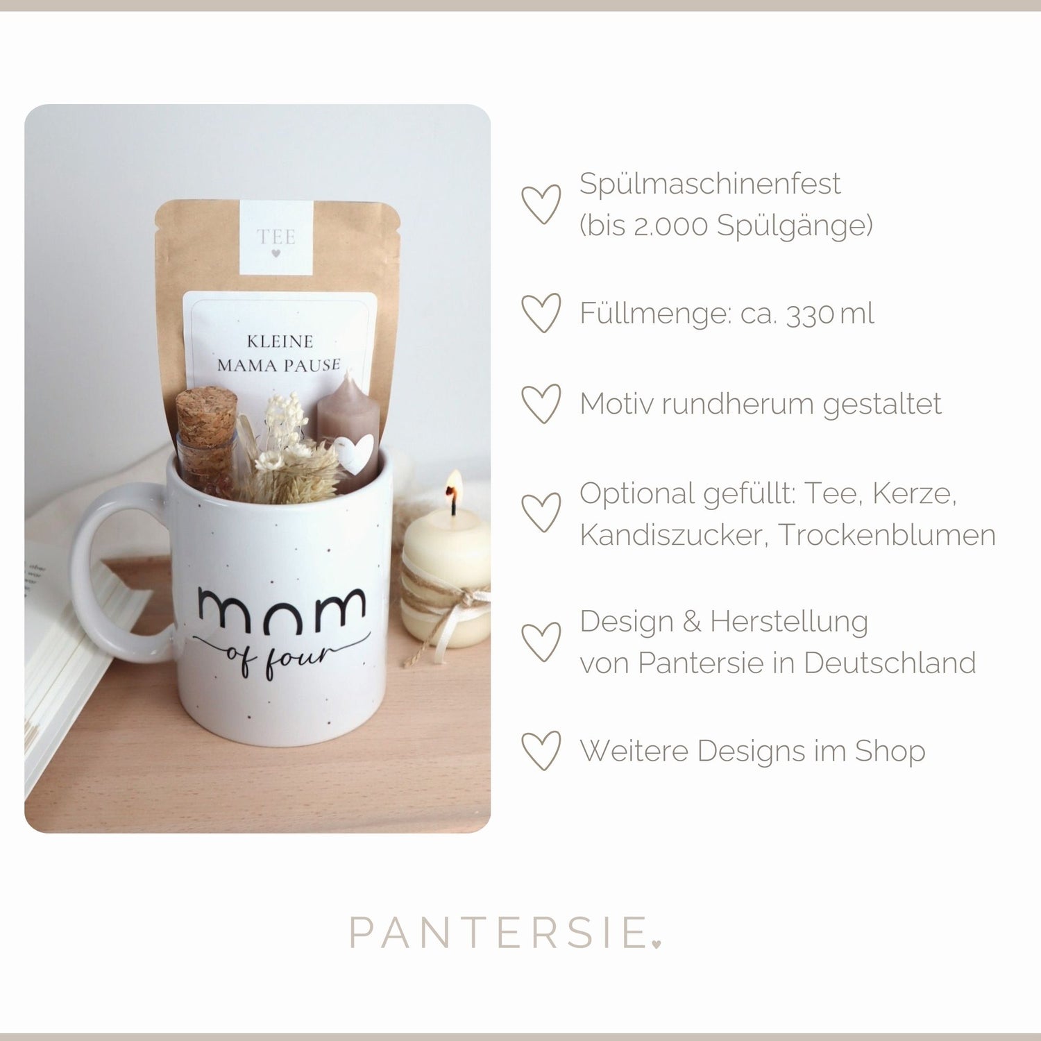 Geschenkset „Mom of...“ – Tasse mit Bio-Tee, Kerze &amp; Trockenblumen für Mamas