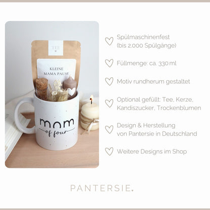 Geschenkset „Mom of...“ – Tasse mit Bio-Tee, Kerze &amp; Trockenblumen für Mamas